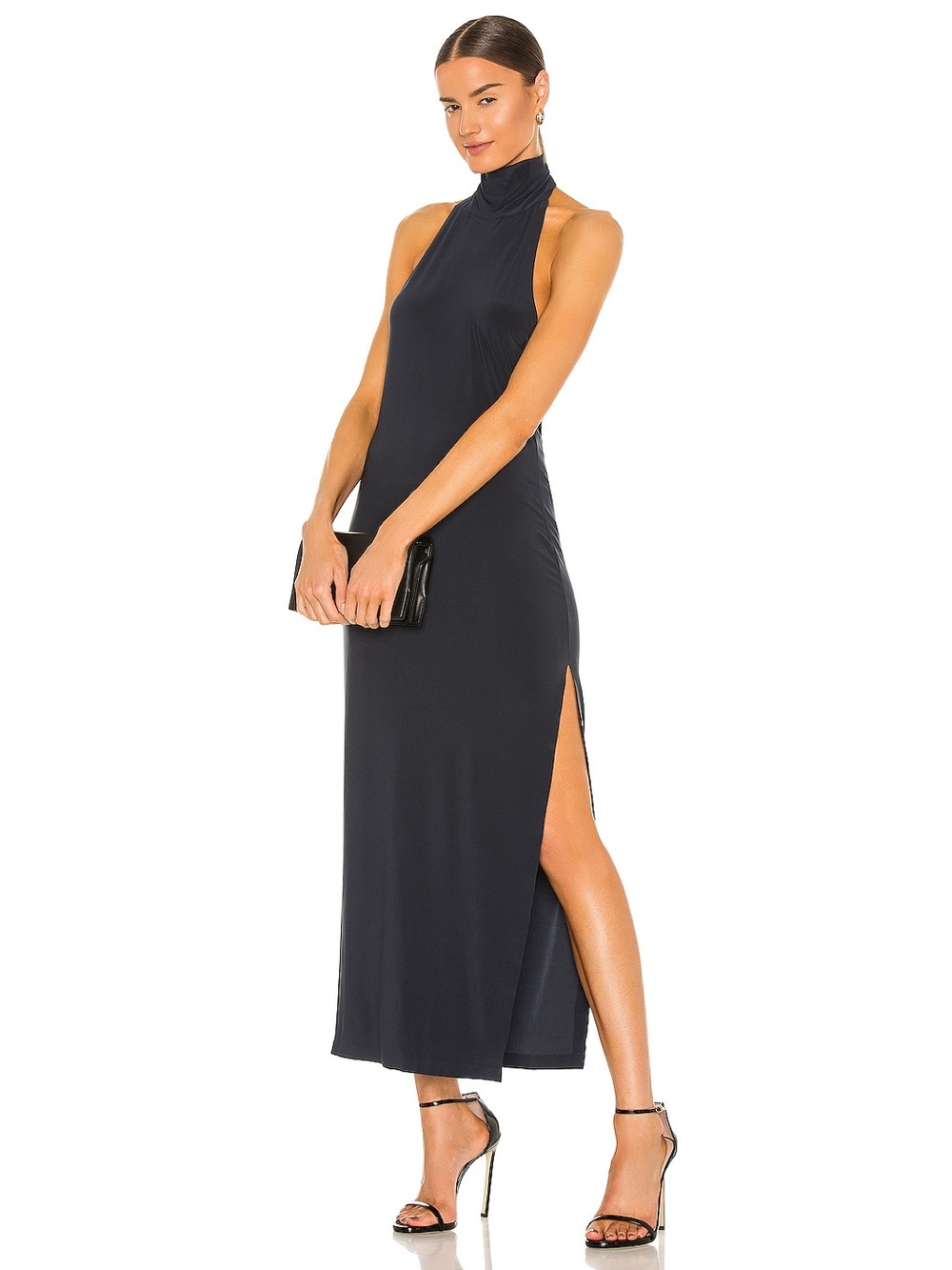 Norma Kamali Halter Turtle Side Slit Gown in Pewter Revolve size M